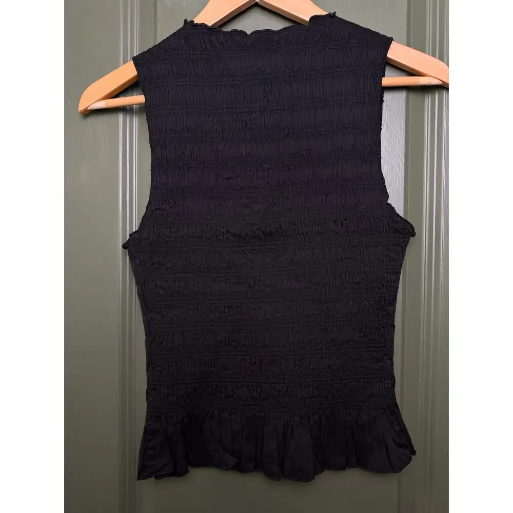 NWT Pistola Phoebe Crew Neck Ruffle Hem Smocked Sleeveless Tank Top Black Small - Picture 4 of 7